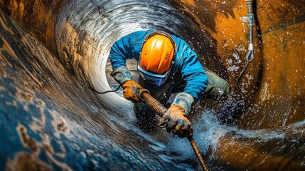 Worker inspecting underwater pipe, industrial site