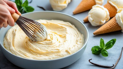 Vanilla baking desert delight. Creamy ice cream mixture being whisked in a bowl with cones nearby.