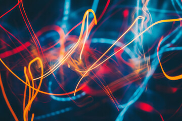 A futuristic, colorful abstract background featuring dynamic, shifting light trails. The smoothly curving, electric beams in bright blue, fiery red, and luminous gold create a sci-fi, high-energy, and