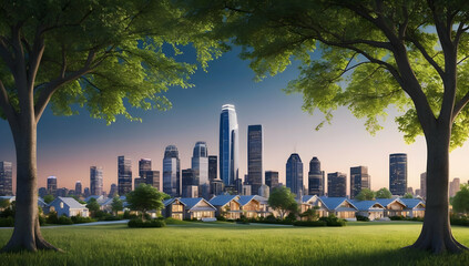 Obraz premium Lush green parkland meets a modern city skyline