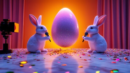Two bunnies holding microphones entertain an audience in front of a sparkling egg during a festive celebration