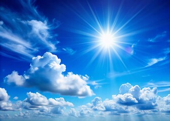 Sunlit Cloudscape:  Bright Blue Sky, Fluffy White Clouds, Nature Photography,  High-Resolution Stock Image