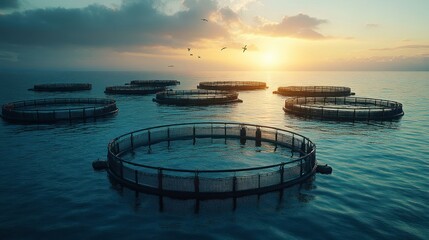 Ocean fish farms at sunset.  Circular enclosures in the water