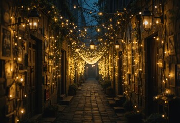 Fototapeta premium Captivating night walk enchanted alley urban scene magical atmosphere low angle dreamy ambiance
