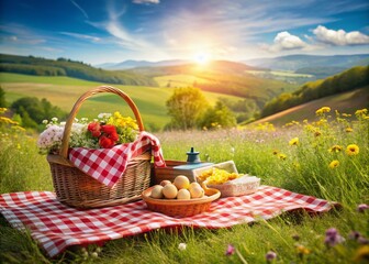 Sunny Picnic Basket on Gingham Blanket in Lush Green Meadow Landscape
