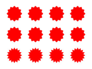 Set of red starburst badge icons with various edge styles. Vector design perfect for labels, discounts, promotions, sales tags, stickers, and advertising graphics.