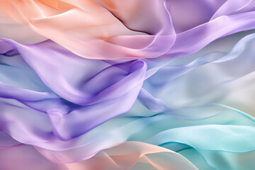 A dreamy, colorful abstract background with delicate, floating silk ribbons. The soft waves of pastel lavender, gentle teal, and warm peach move elegantly, creating a soothing, fluid, and visually