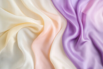 Fototapeta premium A dreamy, colorful abstract background with layered, transparent silk fabric textures. The soft, floating hues in pastel rose, lavender, and warm ivory create an elegant, delicate, and visually