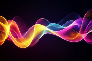 A futuristic, colorful abstract background with neon waves rippling across a dark surface. The glowing, undulating patterns in electric yellow, rich magenta, and soft cyan create a digital,