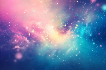 A dreamy, colorful abstract background resembling glowing cosmic dust. The delicate particles shimmer in neon pink, cool indigo, and bright cyan, forming a celestial, ethereal, and galactic-inspired