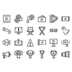 Cinema and Film Web Icon Set in Line Style. A Collection of Linear Icons Featuring Video, Movie Theater, 3D, VR, Popcorn, Tickets, Director, Soundtrack, and More. Fully Editable Stroke.