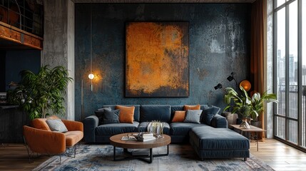 Modern living room design with cozy furniture and unique artwork
