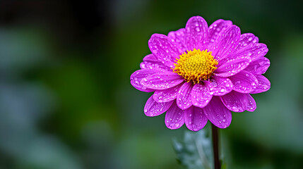 Vibrant Pink Flower with Yellow Center and Water Droplets Against Blurred Green Background