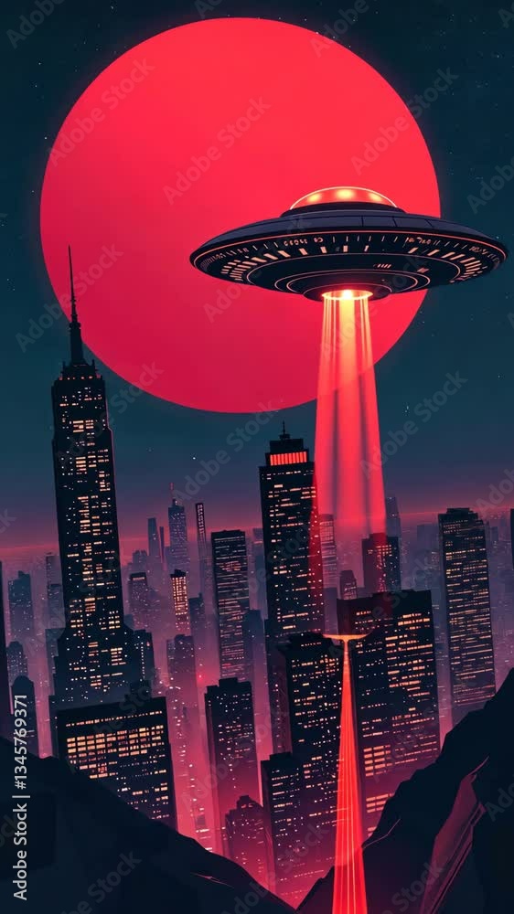 Poster a red ufo is flying over a city with a large red sun in the background. the city is lit up with ligh