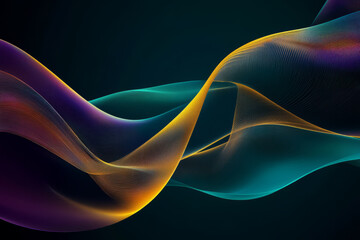 A futuristic, colorful abstract background with holographic shifting waves. The smooth, iridescent reflections of deep teal, radiant purple, and golden amber create a sleek, modern, and visually