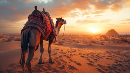 Desert Camel Sunset Silhouette, Majestic Sand Dune