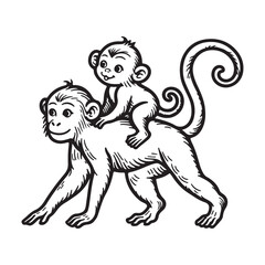 Fototapeta premium Line art of baby monkey sitting on mother monkey back cartoon vector