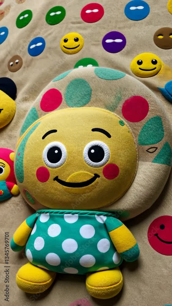 Poster a colorful pillow with many smiling faces on it. there are also two small stuffed animals on the pil