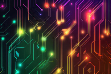 A futuristic, colorful abstract background with neon circuit patterns. The glowing, interconnected pathways in electric green, fiery red, and vibrant violet create a high-tech, sci-fi, and visually