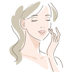 A young woman with long hair touches her cheek with her finger and eyes closed. Beauty, makeup, skincare concept. Vector illustration in line drawing, isolated on white background.