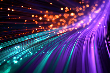 A radiant, colorful abstract background inspired by fiber-optic light trails. Thin glowing strands of emerald green, warm coral, and bright violet weave across the composition, forming a futuristic