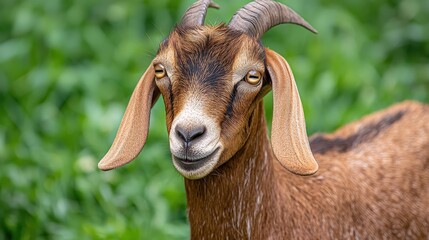 Nubian goat showcasing characteristic features while grazing in a vibrant green field