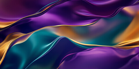 A surreal, colorful abstract background with flowing ribbon-like waves. The silky, undulating patterns in deep purple, radiant gold, and bright teal create an elegant, mesmerizing, and visually