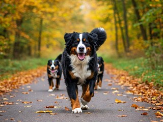 Bernese Mountain Dogs running happily on a forest path covered with autumn leaves. A joyful outdoor scene showcasing nature, pets, and companionship during a fall season walk in the woods.