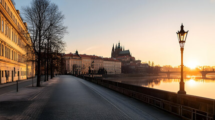 Obraz premium Cobblestone Street beside Buildings and River at Sunset in European City with Golden Sky