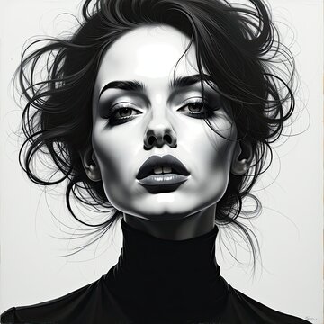 Monochromatic Digital Woman Art on White Background  Wall Art Inspiration. A black and white portrait of a woman with dark hair.