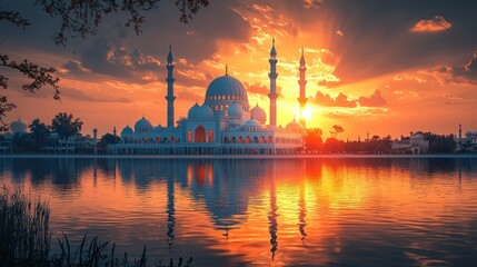 Naklejka premium Sunrise Mosque Reflection, Lake, Fiery Sky