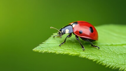 Red Ladybug on Green Leaf Close Up