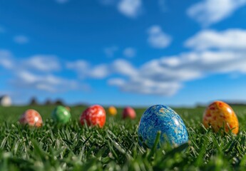 Fototapeta premium Colorful Easter eggs arranged on vibrant green grass under a bright blue sky with white fluffy clouds in a serene outdoor setting during springtime