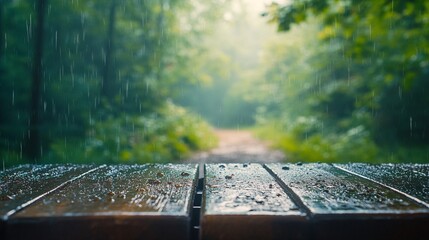 A rainy day forest scene with a wooden table in the foreground