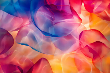 A vibrant, colorful abstract background composed of overlapping translucent petals. The organic forms glow in hues of ruby red, sapphire blue, and golden yellow, creating a soft, floral-inspired