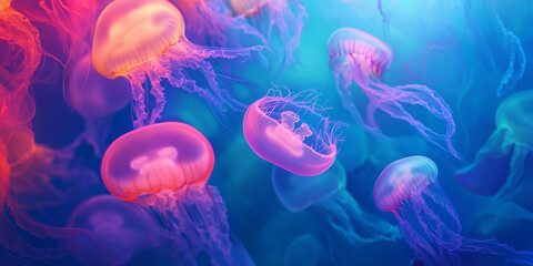 Fototapeta premium A surreal, colorful abstract background featuring swirling, bioluminescent jellyfish-like forms. The radiant hues of deep ocean blue, glowing turquoise, and warm coral pink create a mysterious,