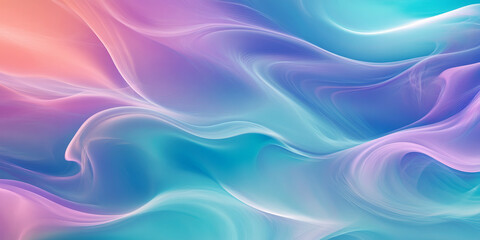 Obraz premium A dreamy, colorful abstract background with smooth, iridescent liquid waves. The flowing patterns in pastel turquoise, neon coral, and radiant purple create a soft, futuristic, and visually