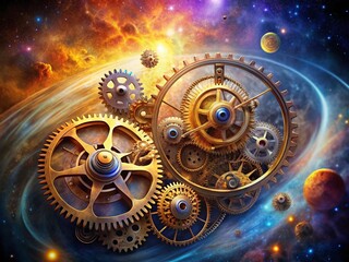 Fototapeta premium Surreal Schedule Layout Design: Abstract Clockwork Gears and Celestial Bodies