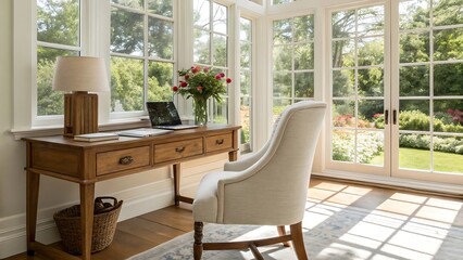 Summer inspired home office with a linen chair, a wooden desk, and large windows offering a view of a sunny garden.