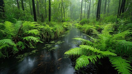 Fototapeta premium A lush swamp scene with vibrant greenery and peaceful streams. 