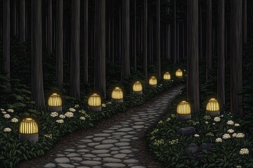 A stone path illuminated by lanterns in a dark forest