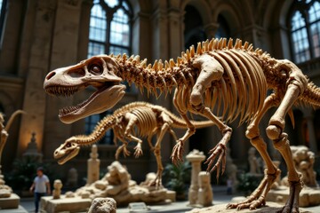 Dinosaur skeleton displays are shown inside a large museum building