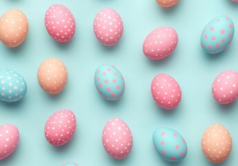Colorful Easter Eggs Decorated with Dots on a Turquoise Background for Spring Celebrations and Festive Decorations
