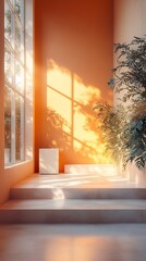 A modern interior where sunlight pours in through large Windows and soft shadows are cast on the walls

