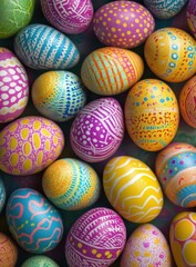 Fototapeta premium Colorful Easter eggs decorated with intricate patterns and bright colors arranged in a vibrant display for holiday celebrations and festive occasions