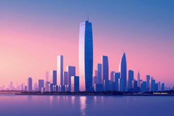 Fototapeta premium A Majestic Skyline at Dusk: Modern Skyscrapers Casting Reflections on Water in an Urban Landscape with a Colorful Twilight Sky