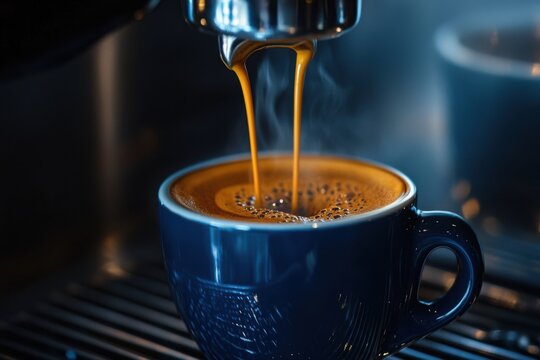 coffee machine preparing fresh coffee and pouring into red cups at restaurant, bar or pub. Details of speciality coffee