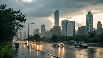 A rain-soaked city skyline with soft reflections on wet streets, umbrellas dotting sidewalks, and mist-covered buildings creating a melancholic yet refreshing urban transformation.