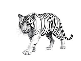 Fototapeta premium Majestic white tiger stalking forward, a powerful symbol of wild beauty and grace, rendered in striking black and white detail.