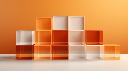 A group of transparent and translucent cubes arranged in a stepped shape against a warm orange background. The color of the cube gradually changes from white to orange, which has a geometric aesthetic